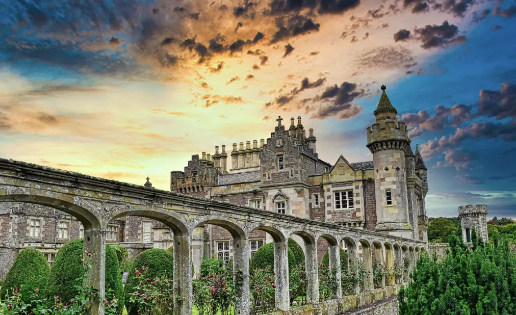 Abbotsford at sunset, seen along the cloister walkway