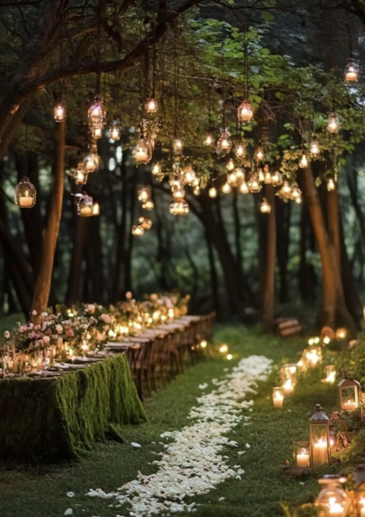 A candlelit woodland dinner with hanging lanterns
